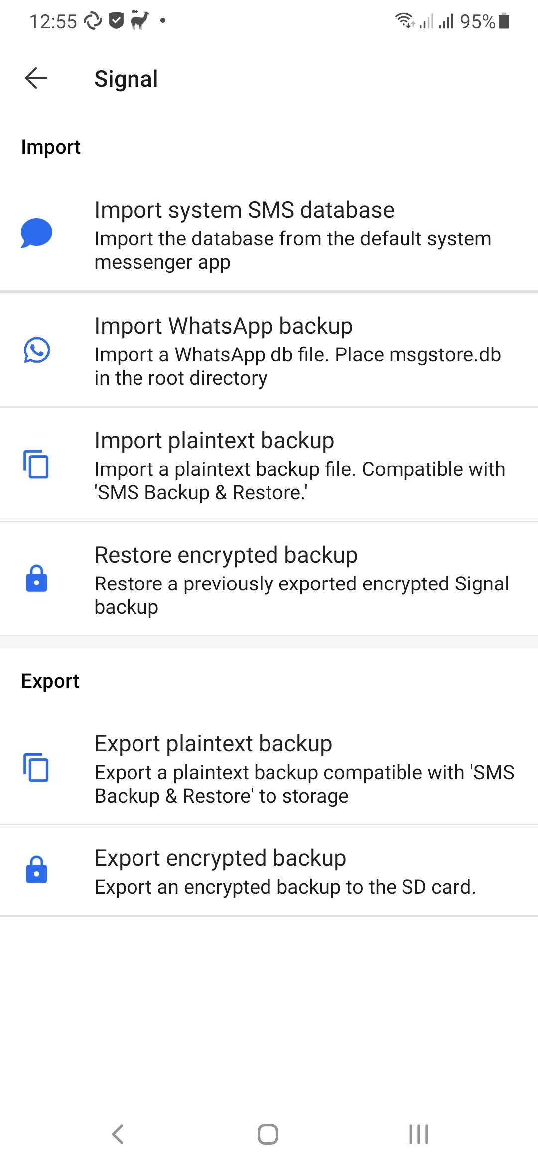 Signal import / export screen